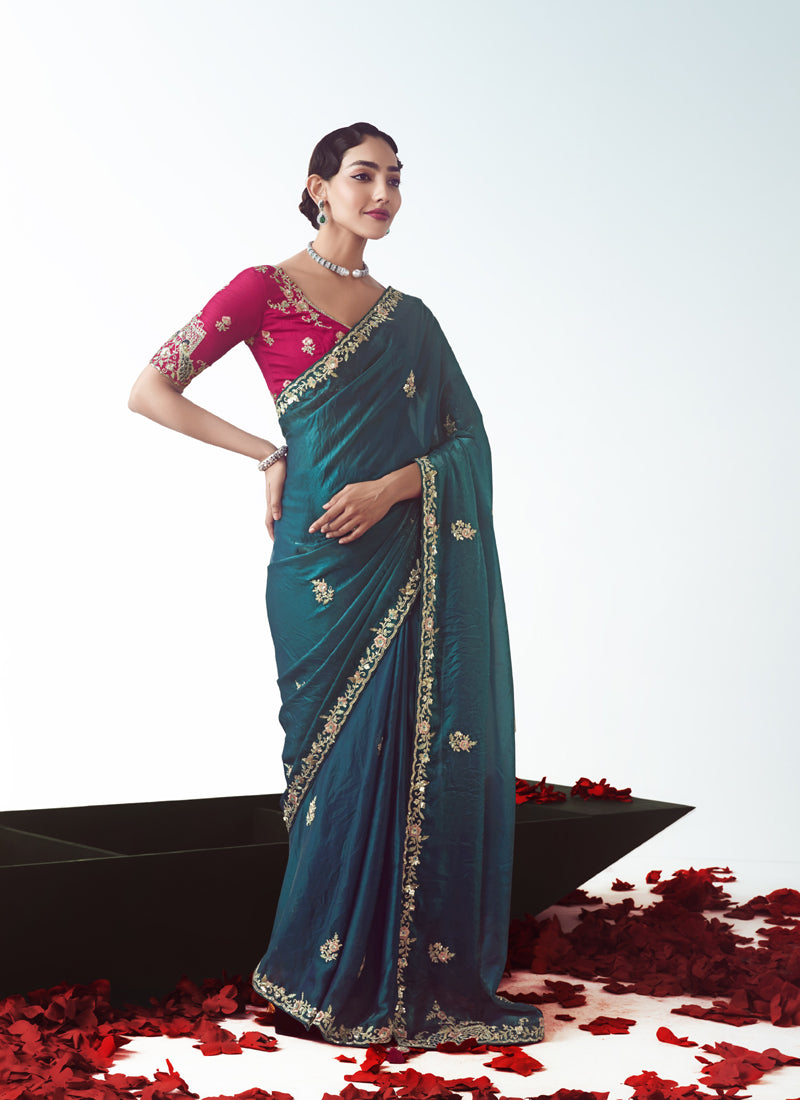Peacock Green Tissue Silk Designer Party Wear Saree