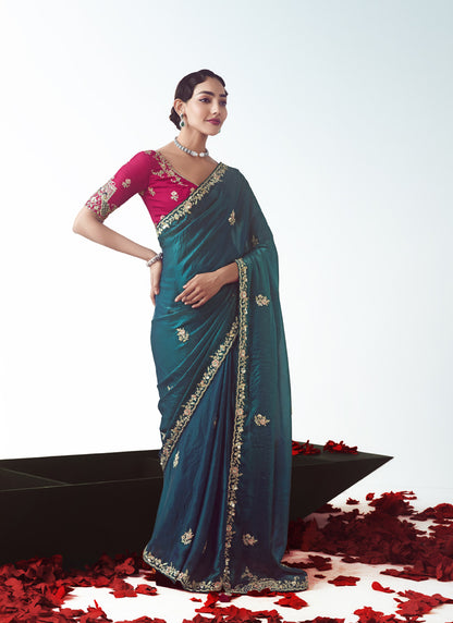 Peacock Green Tissue Silk Designer Party Wear Saree