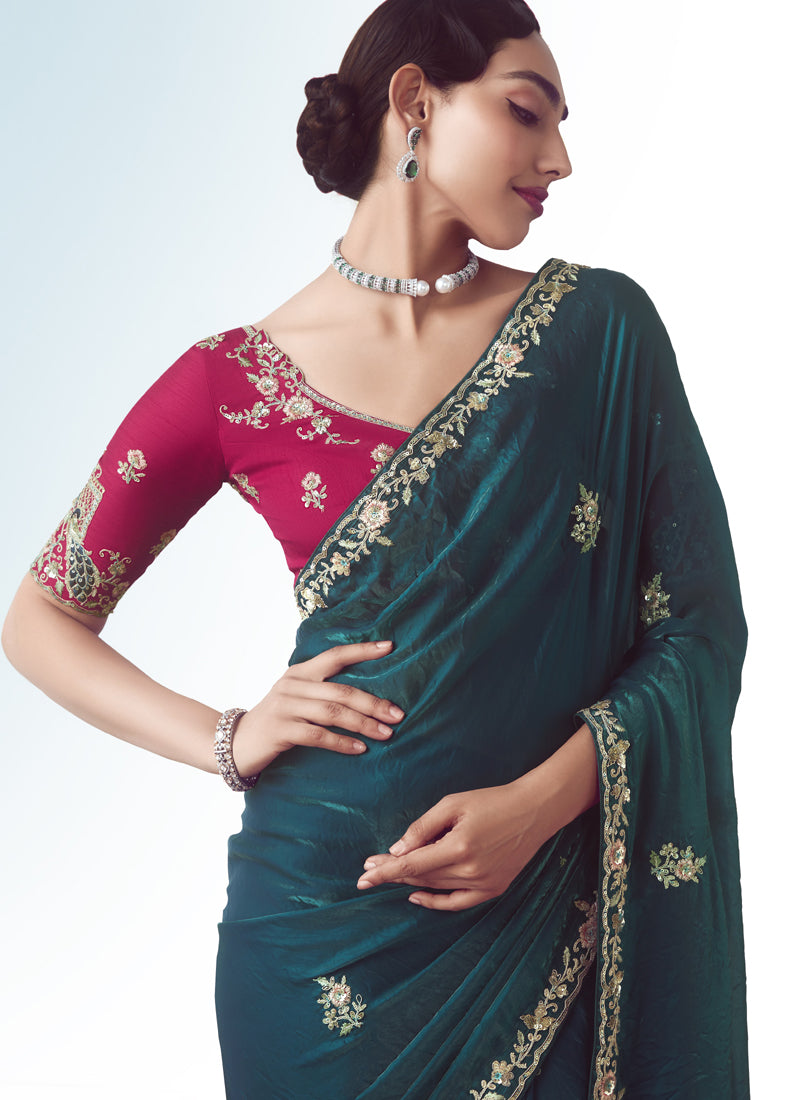 Peacock Green Tissue Silk Designer Party Wear Saree