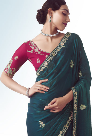 Peacock Green Tissue Silk Designer Party Wear Saree