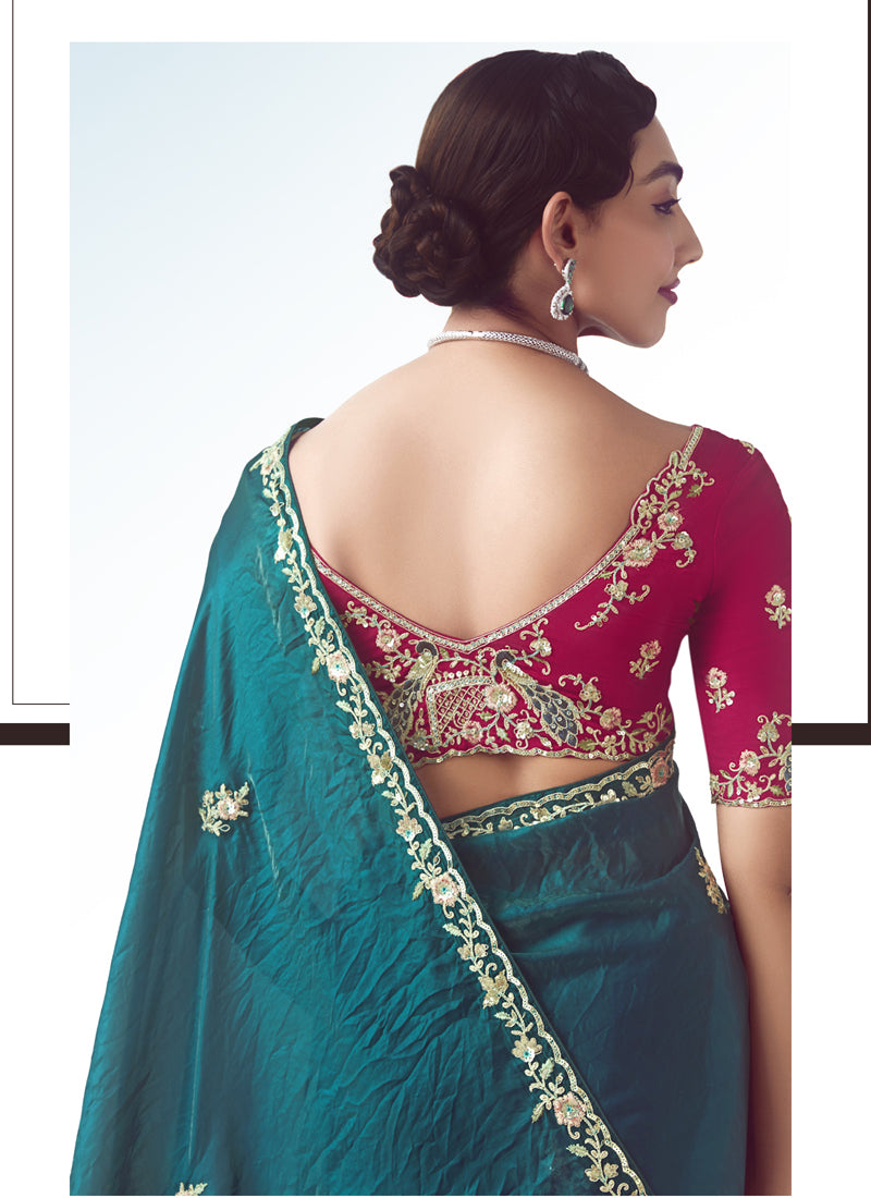 Peacock Green Tissue Silk Designer Party Wear Saree