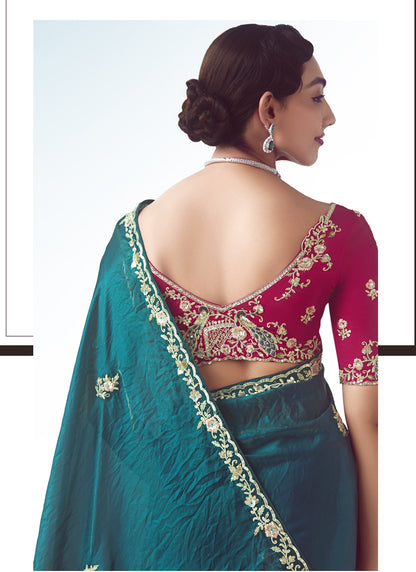 Peacock Green Tissue Silk Designer Party Wear Saree