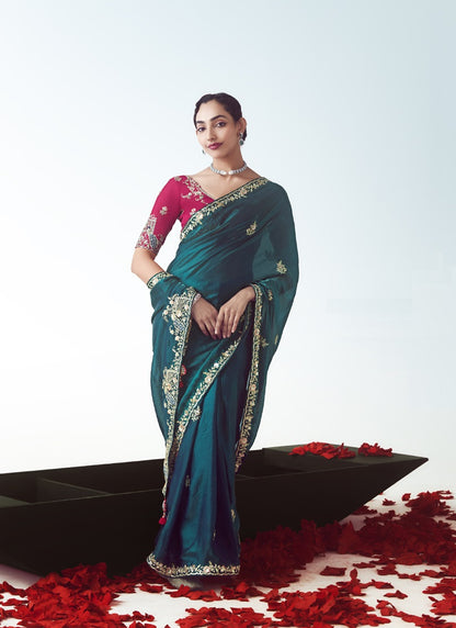 Peacock Green Tissue Silk Designer Party Wear Saree