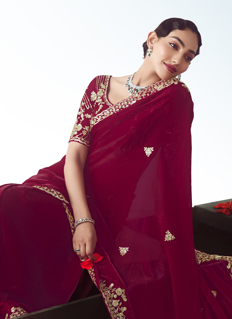 Maroon Tissue Silk  Designer Party Wear Saree