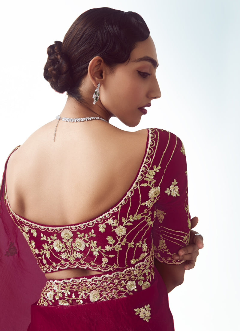 Maroon Tissue Silk  Designer Party Wear Saree