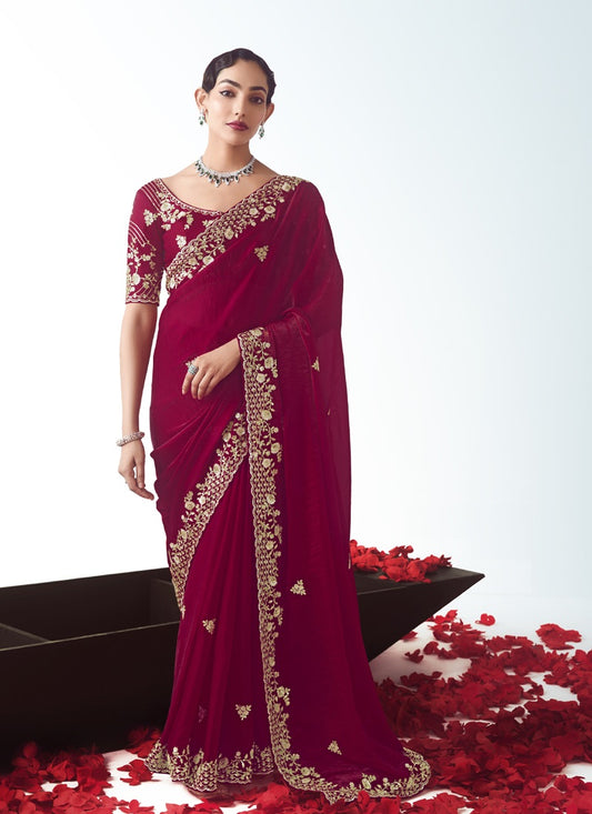 Maroon Tissue Silk  Designer Party Wear Saree