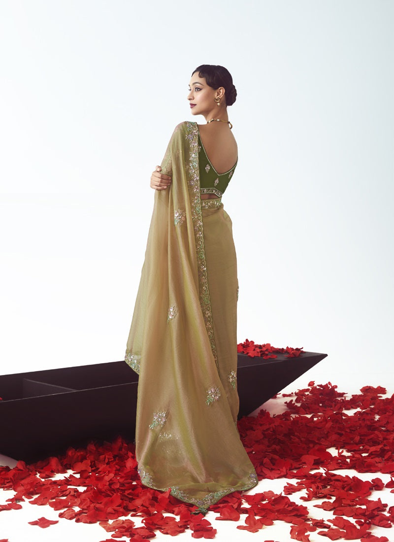 Beige Tissue Organza Designer Party Wear Saree