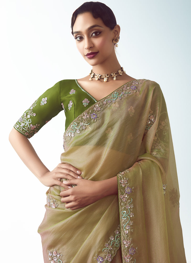 Beige Tissue Organza Designer Party Wear Saree