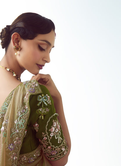 Beige Tissue Organza Designer Party Wear Saree