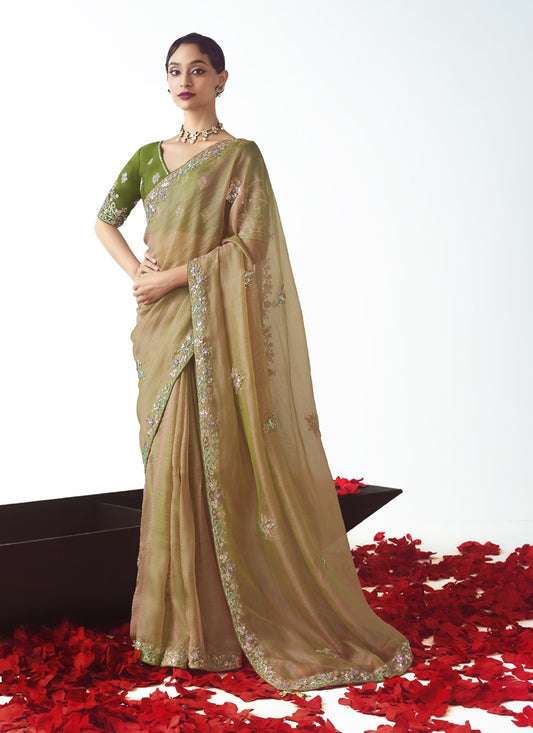 Beige Tissue Organza Designer Party Wear Saree