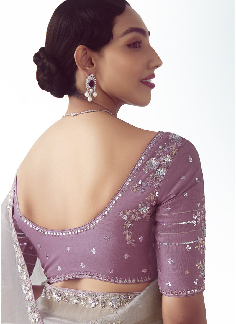 Gray Tissue Organza Designer Party Wear Saree