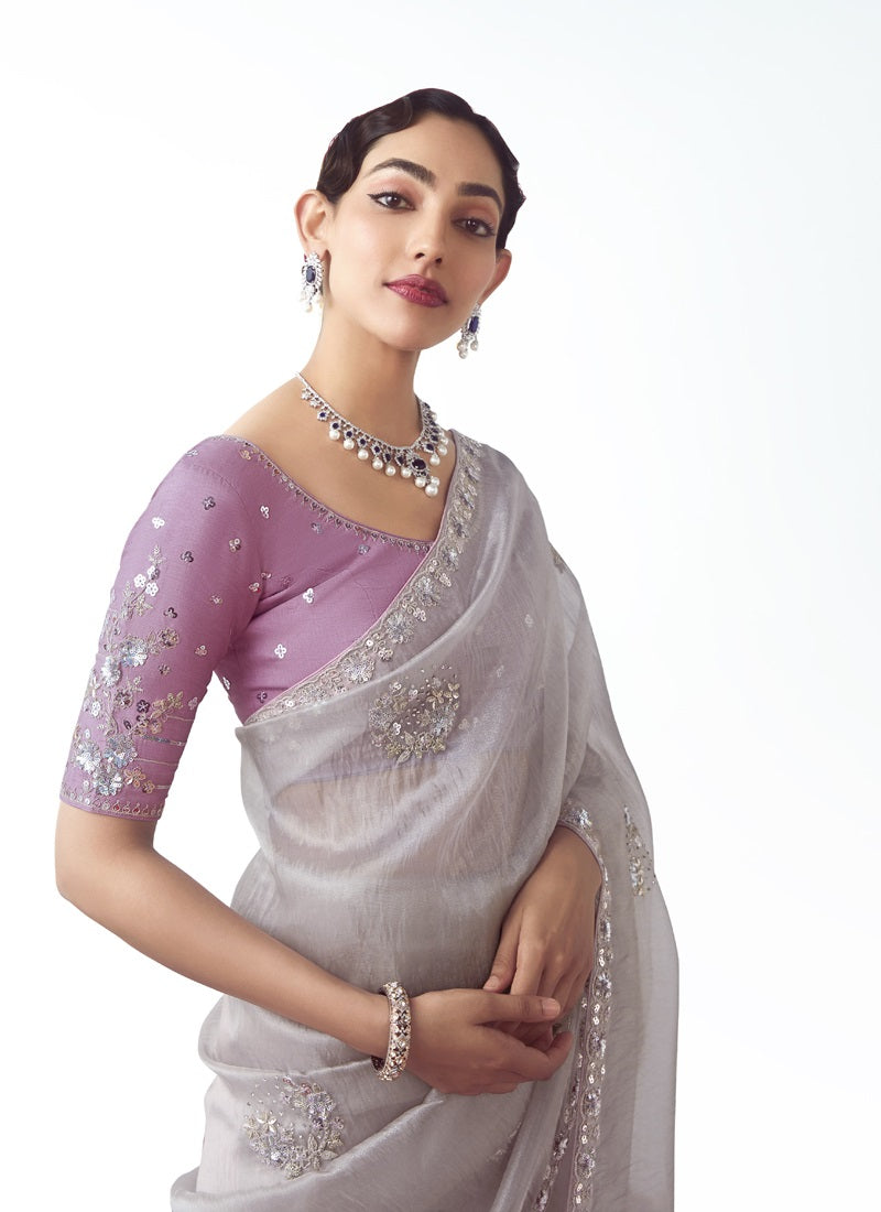 Gray Tissue Organza Designer Party Wear Saree