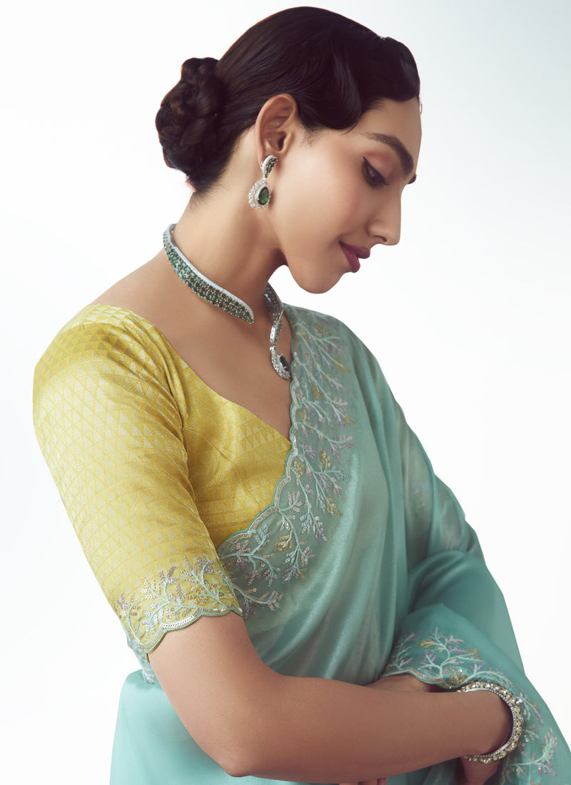 Sky Blue Tissue Organza Designer Party Wear Saree