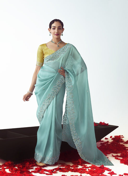 Sky Blue Tissue Organza Designer Party Wear Saree