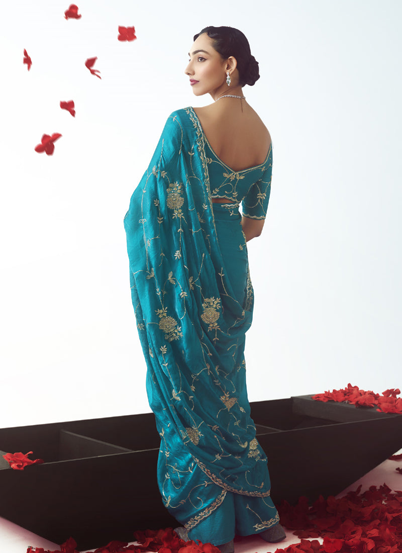 Sky Blue Tissue Silk Designer Party Wear Saree