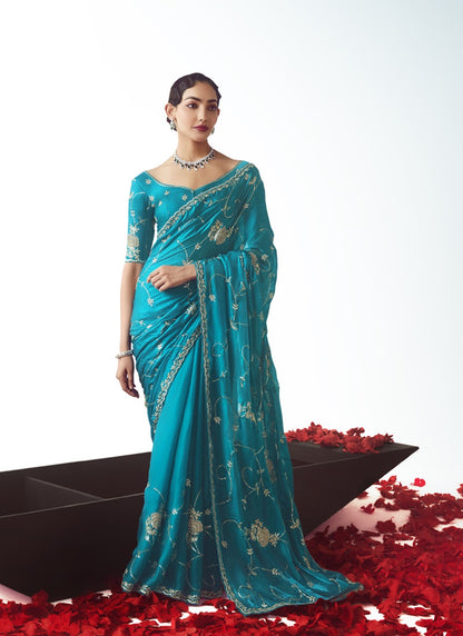Sky Blue Tissue Silk Designer Party Wear Saree
