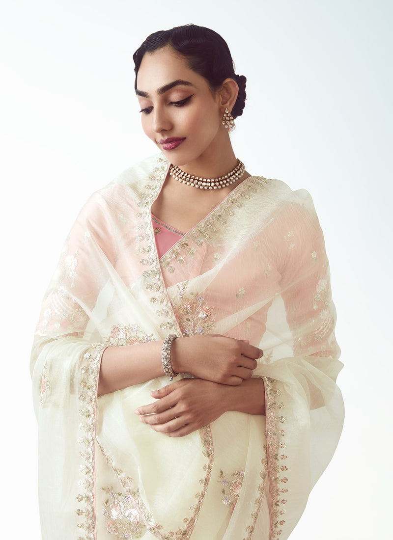 White Tissue Organza Heavy Sequence Work Designer Party Wear Saree