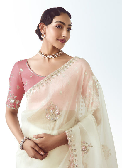 White Tissue Organza Heavy Sequence Work Designer Party Wear Saree