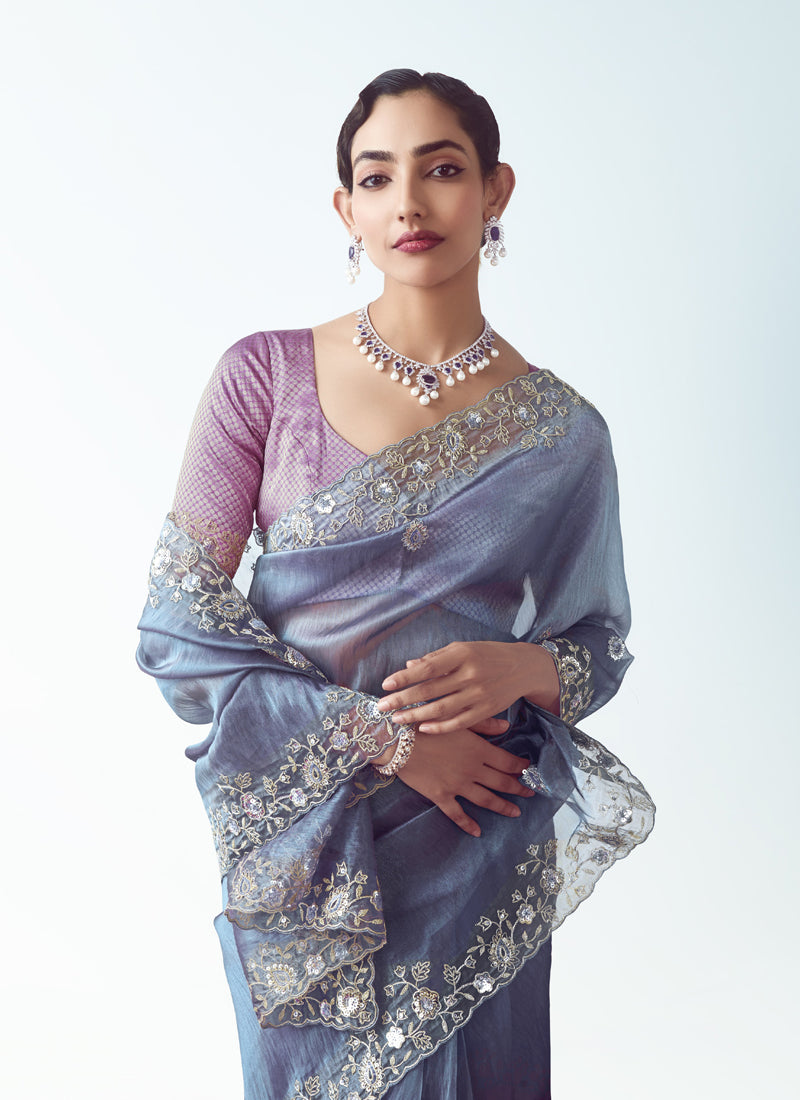 Bright Navy Blue Tissue Organza Heavy Sequence Work Designer Party Wear Saree