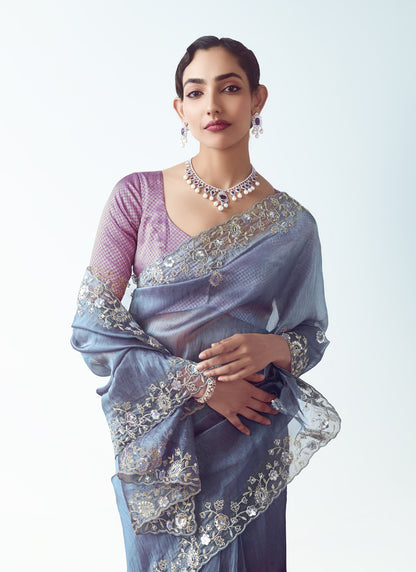 Bright Navy Blue Tissue Organza Heavy Sequence Work Designer Party Wear Saree