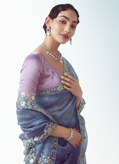 Bright Navy Blue Tissue Organza Heavy Sequence Work Designer Party Wear Saree