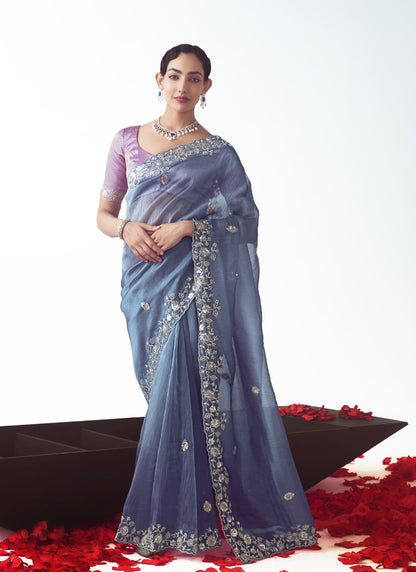 Bright Navy Blue Tissue Organza Heavy Sequence Work Designer Party Wear Saree