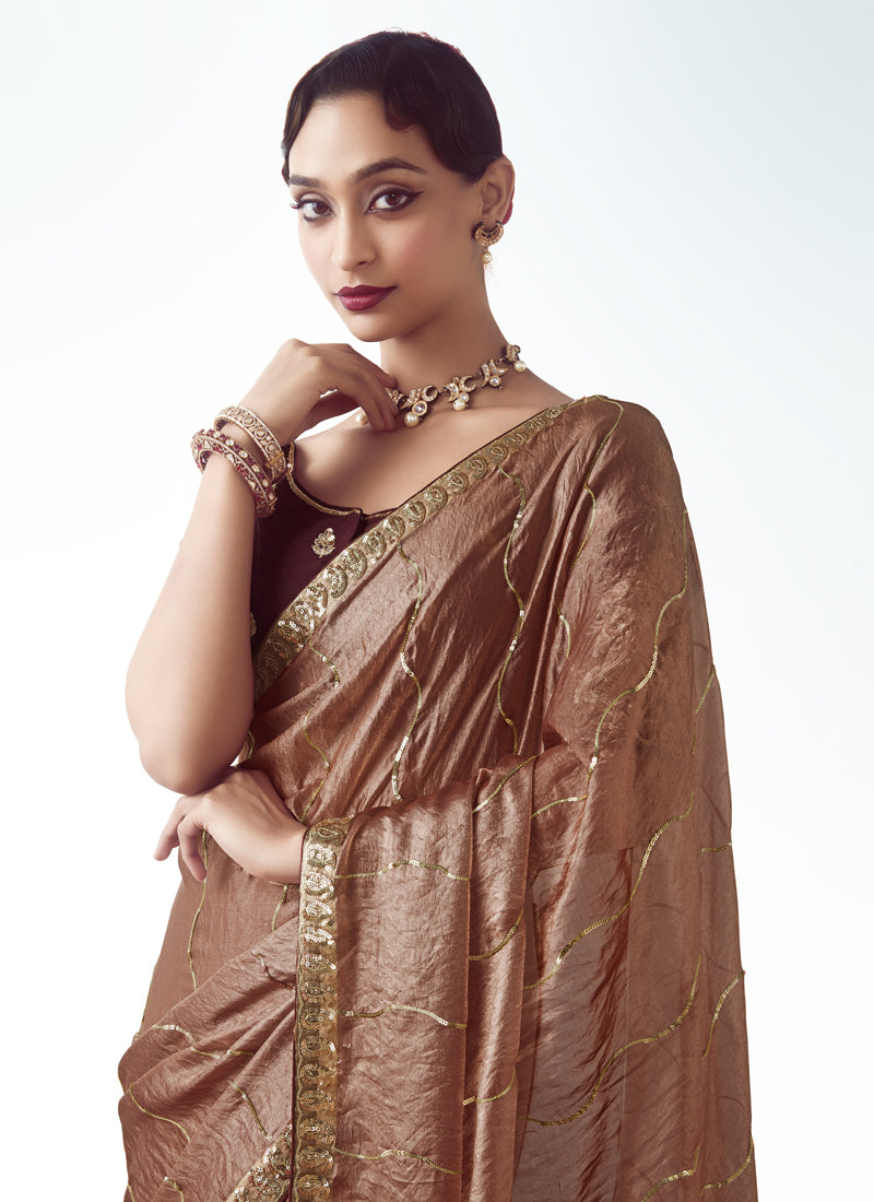 Brown Tissue Organza Heavy Sequence Work Designer Party Wear Saree