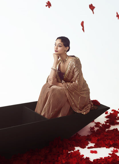 Brown Tissue Organza Heavy Sequence Work Designer Party Wear Saree