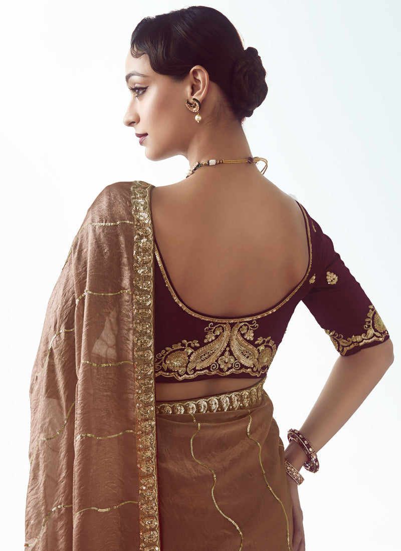 Brown Tissue Organza Heavy Sequence Work Designer Party Wear Saree