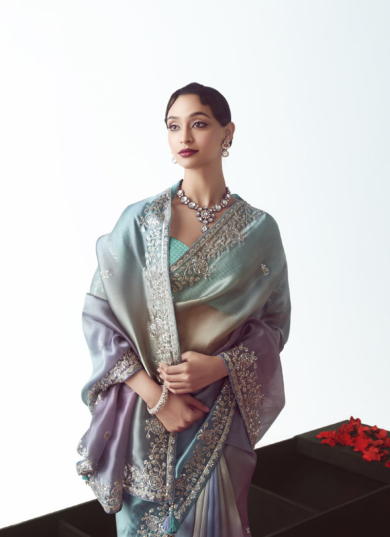 Shaded Turquoise Tissue Organza Heavy Sequence Work Designer Party Wear Saree