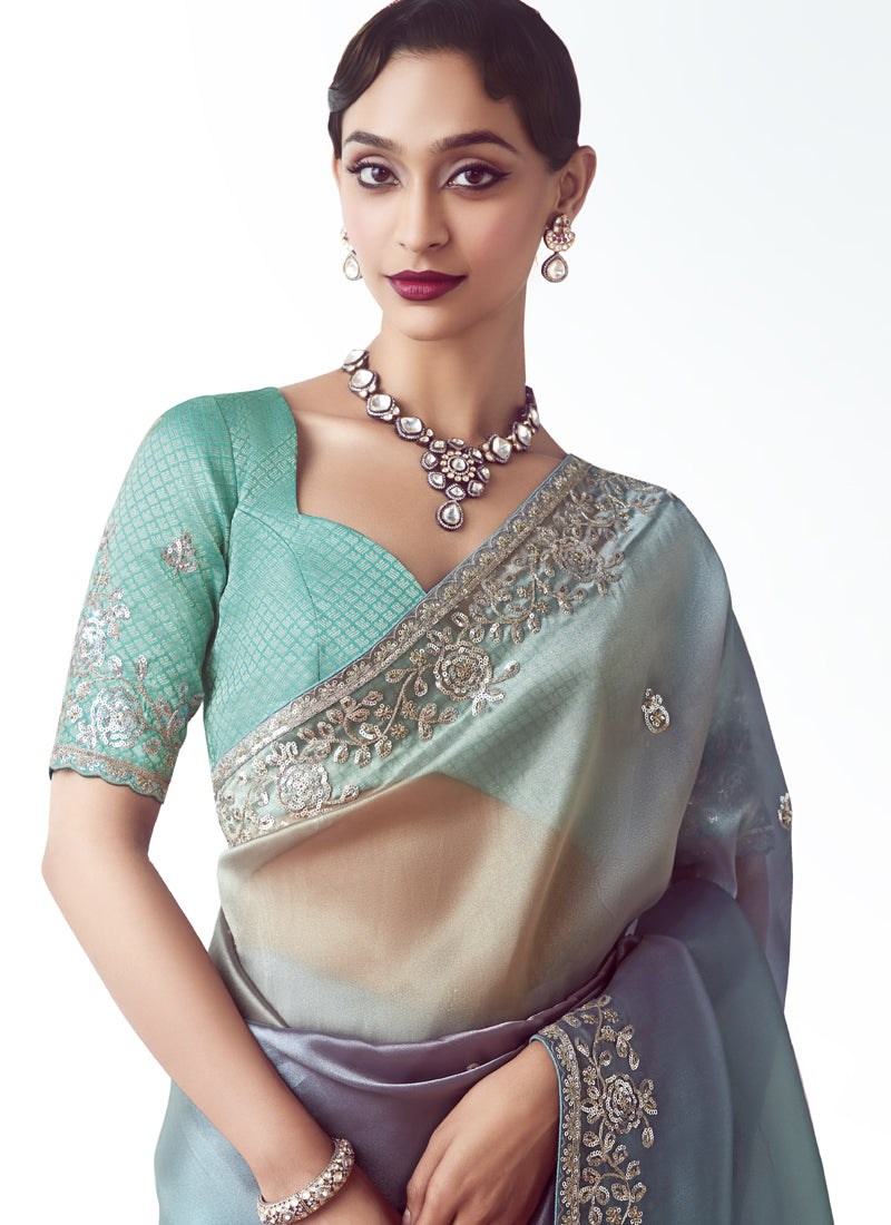 Shaded Turquoise Tissue Organza Heavy Sequence Work Designer Party Wear Saree