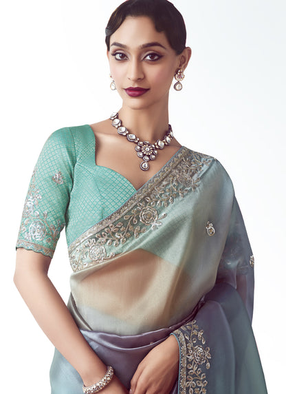 Shaded Turquoise Tissue Organza Heavy Sequence Work Designer Party Wear Saree