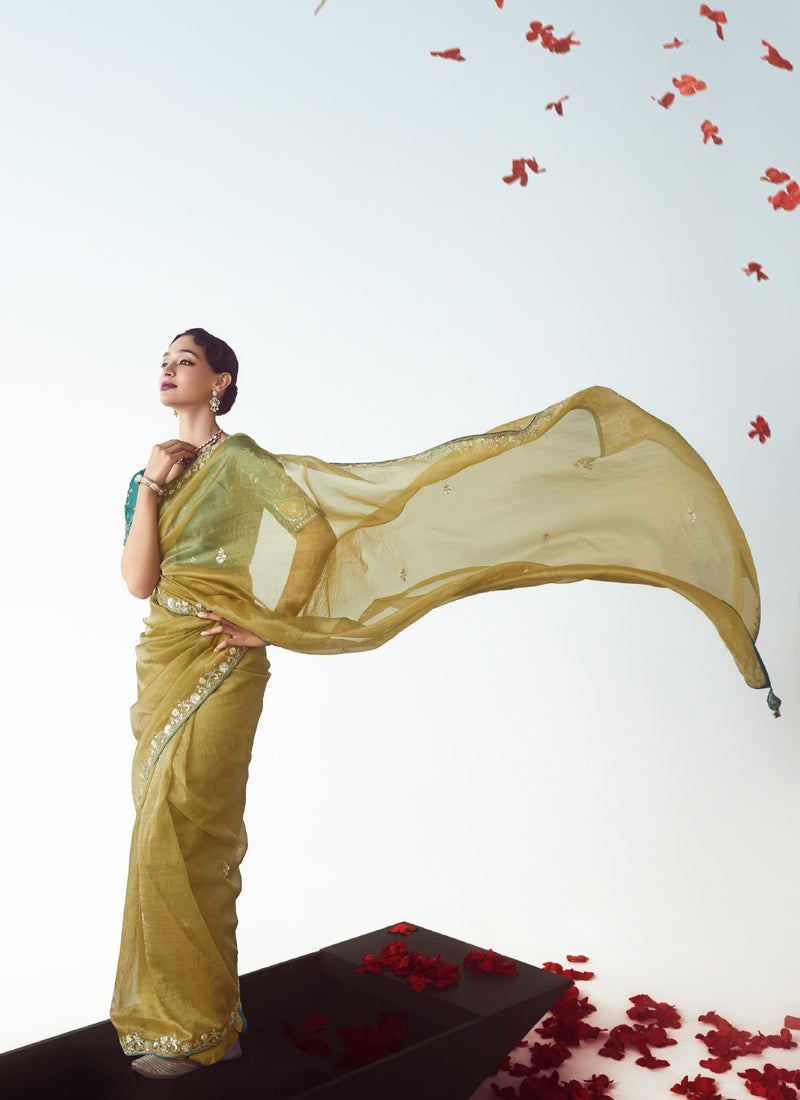 Olive Tissue Organza Heavy Sequence Work Designer Party Wear Saree