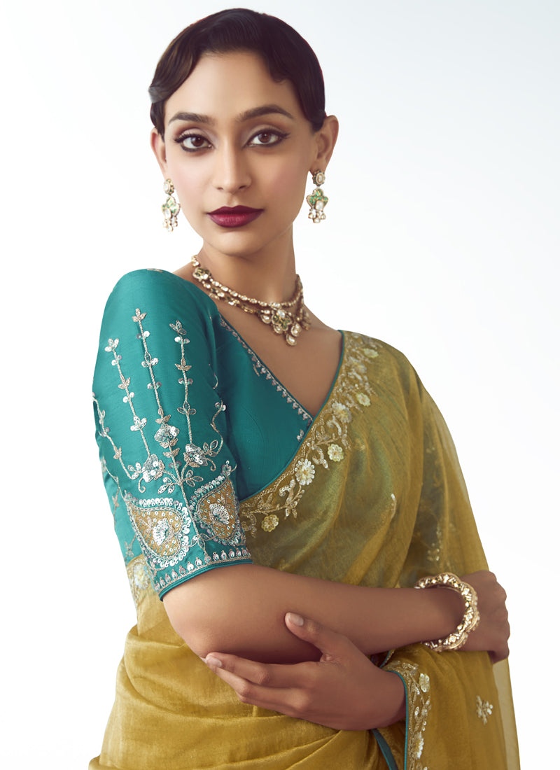 Olive Tissue Organza Heavy Sequence Work Designer Party Wear Saree