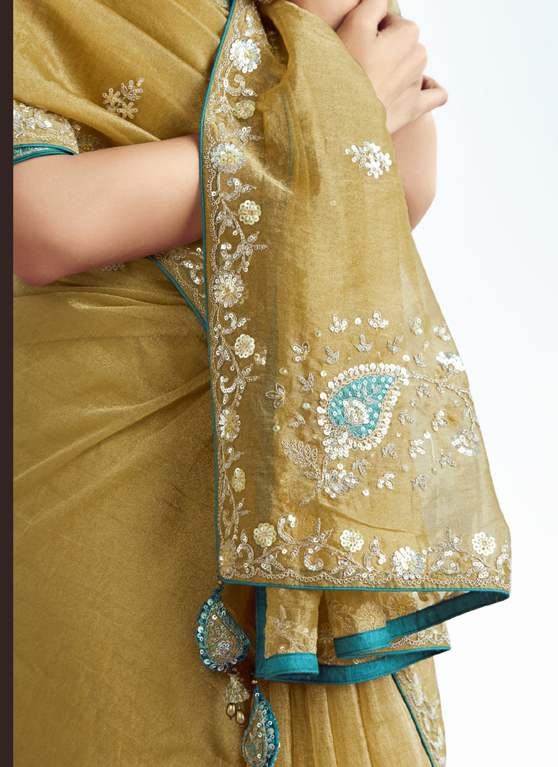 Olive Tissue Organza Heavy Sequence Work Designer Party Wear Saree