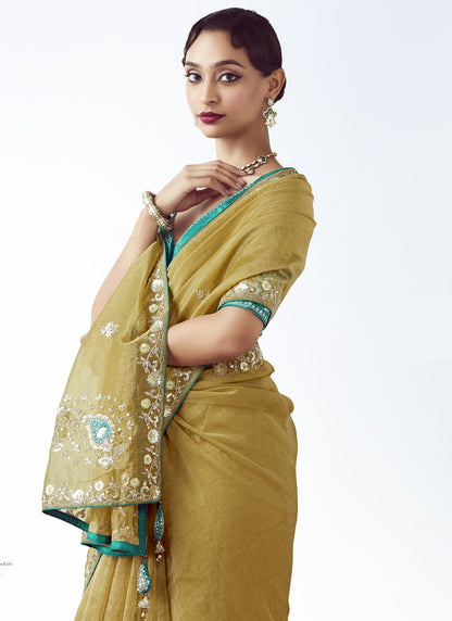 Olive Tissue Organza Heavy Sequence Work Designer Party Wear Saree