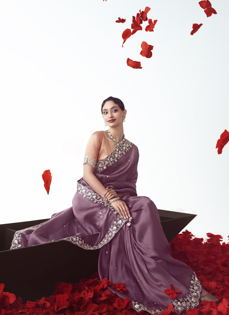 Onion Pink Tissue Organza Heavy Sequence Work Designer Party Wear Saree