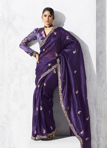 Dark Purple Tissue Organza Designer Blouse Party Wear Saree