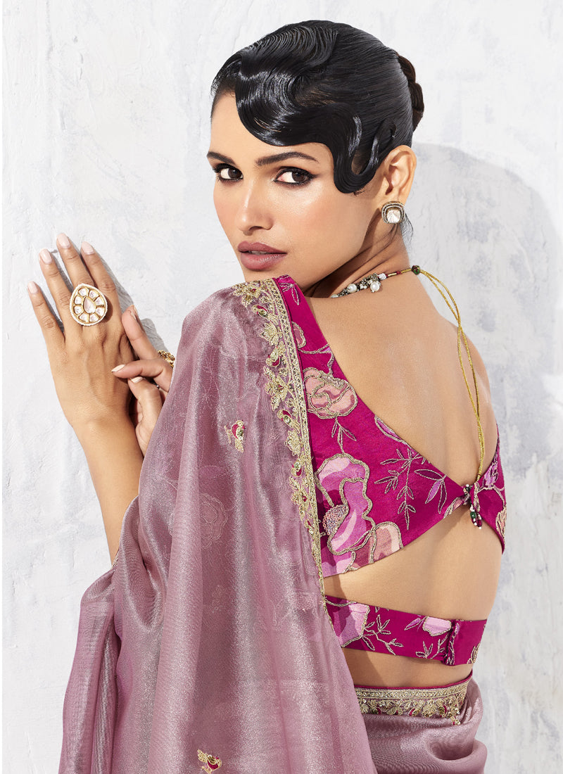 Onion Pink Tissue Organza Designer Blouse Party Wear Saree