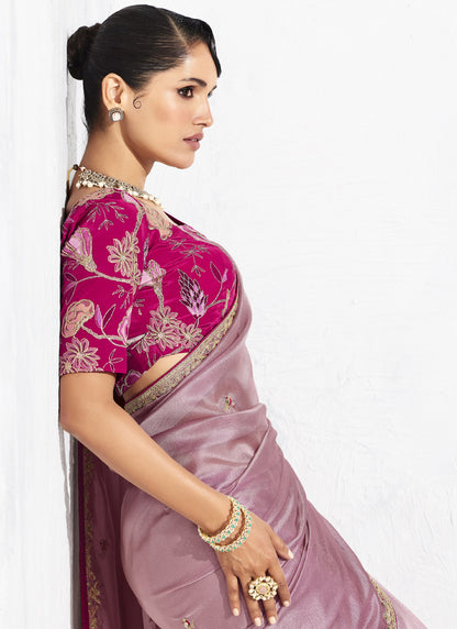 Onion Pink Tissue Organza Designer Blouse Party Wear Saree