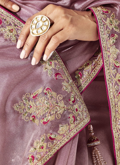 Onion Pink Tissue Organza Designer Blouse Party Wear Saree