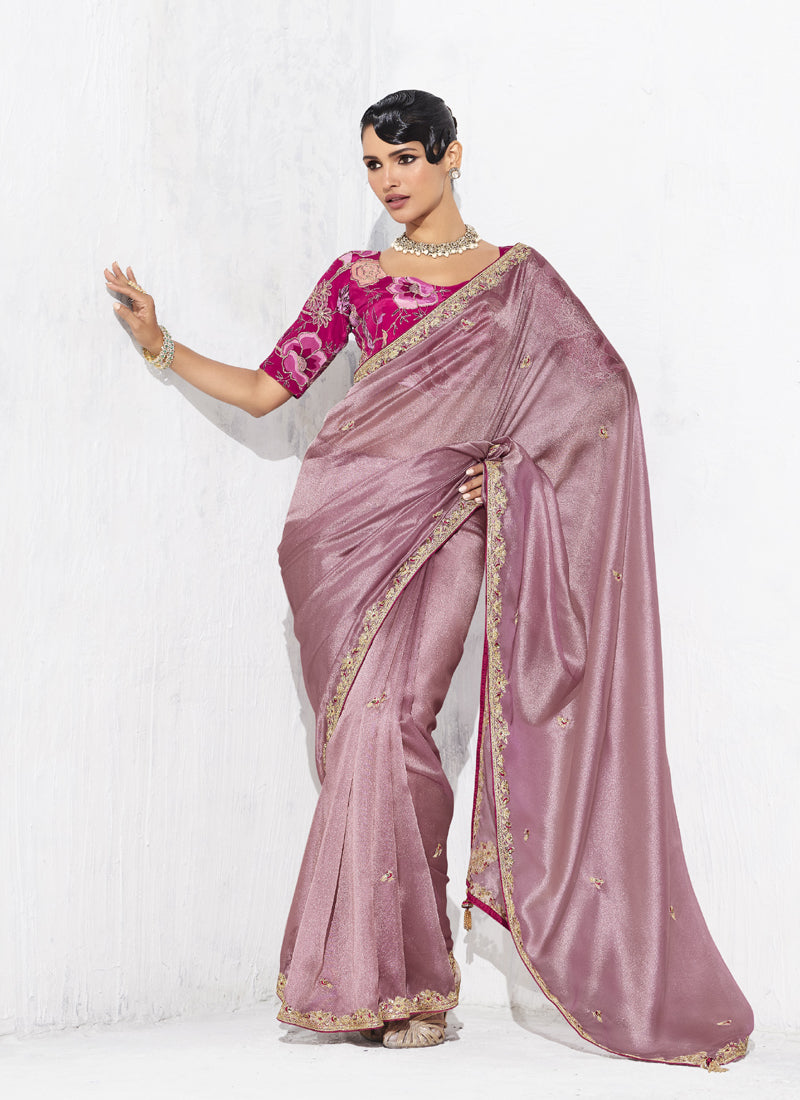 Onion Pink Tissue Organza Designer Blouse Party Wear Saree