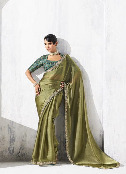 Olive Tissue Organza Designer Blouse Party Wear Saree