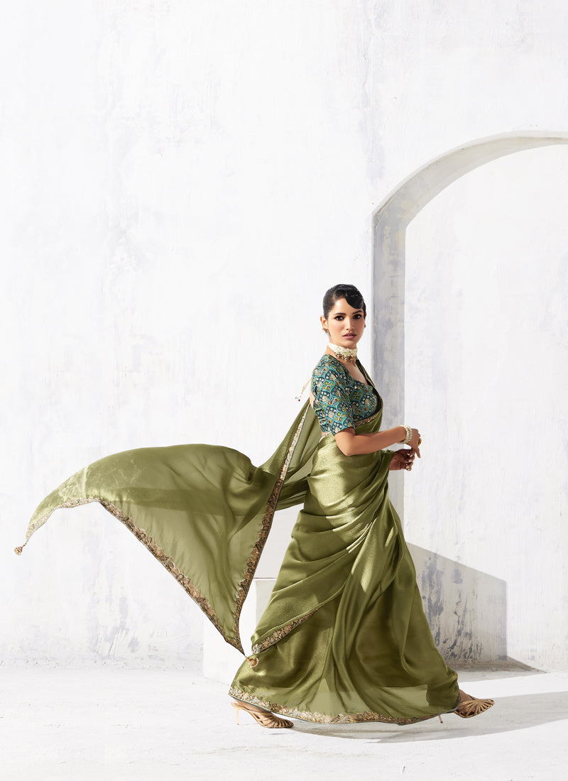 Olive Tissue Organza Designer Blouse Party Wear Saree