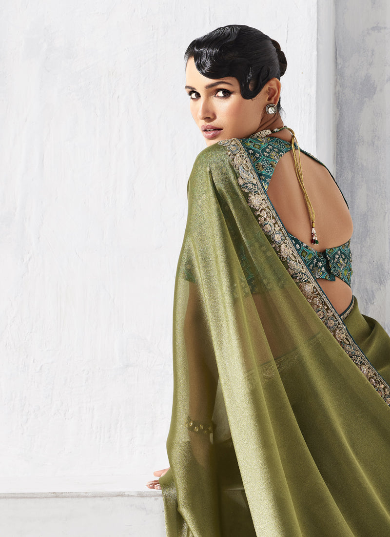 Olive Tissue Organza Designer Blouse Party Wear Saree