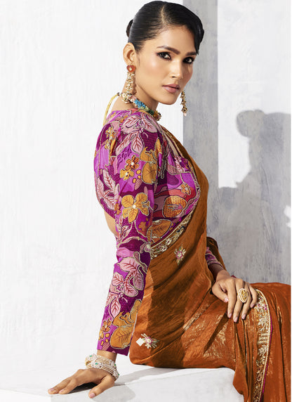 Rust Tissue Organza Designer Blouse Party Wear Saree