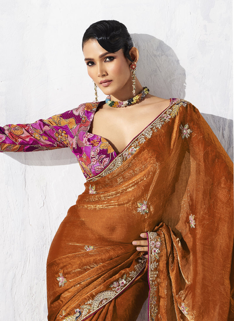 Rust Tissue Organza Designer Blouse Party Wear Saree