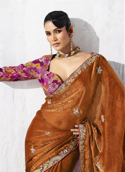 Rust Tissue Organza Designer Blouse Party Wear Saree