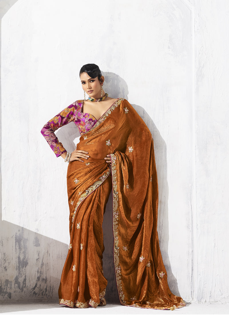 Rust Tissue Organza Designer Blouse Party Wear Saree