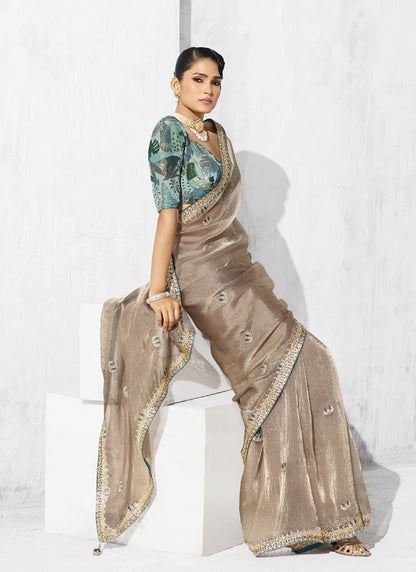 Beige Tissue Organza Designer Blouse Party Wear Saree